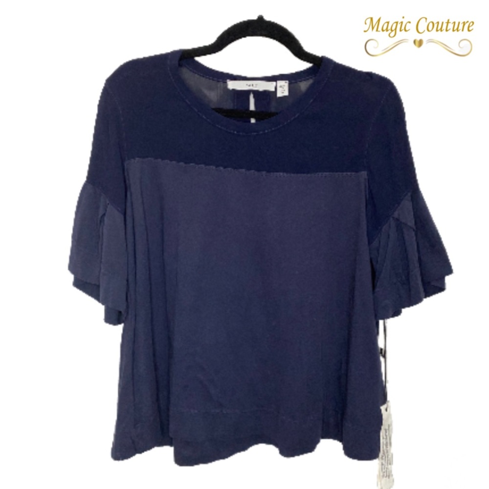 NWT WILT Ink Blue Sheer Neckline Flutter Sleeves Top💙💙💙